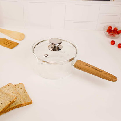Multi-Functional Borosilicate Glass Pan with Wooden Handle (1300ml)